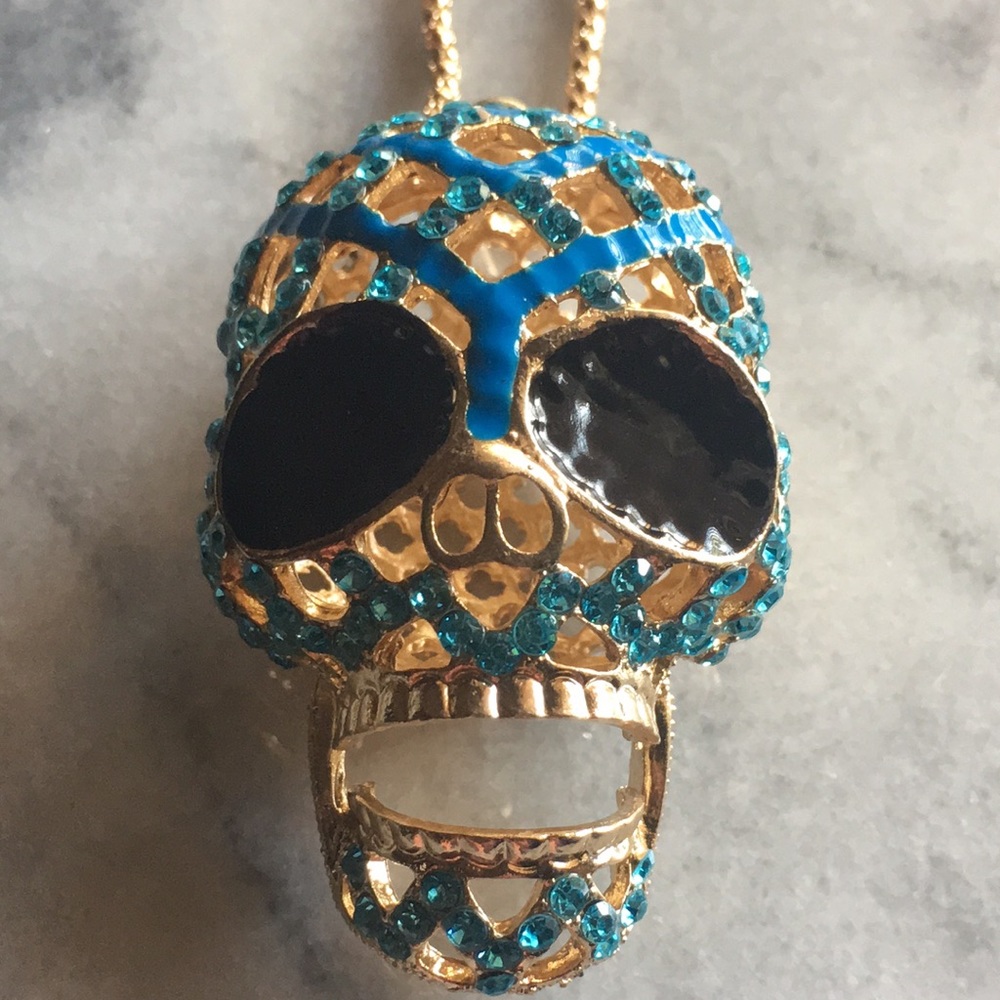 Blue Rhinestone Skull Necklace - Picture 8 of 15
